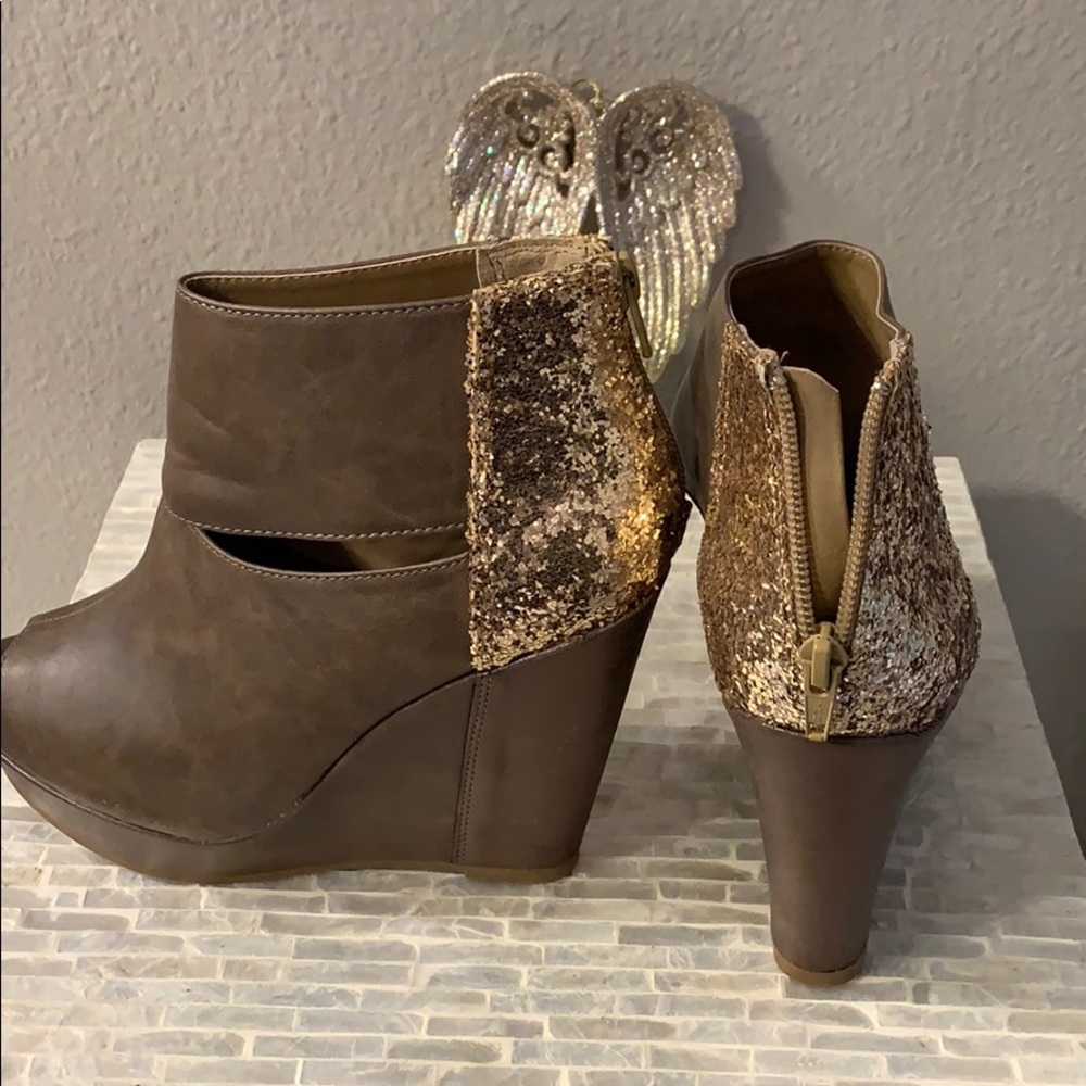 Jellypop Brown Leachy Peep Toe Faux Leather Wedge